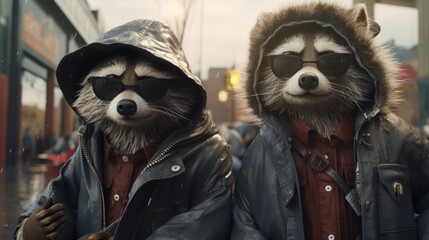 Wall Mural - Two raccoons wearing sunglasses and jackets. AI