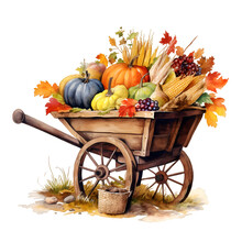 Watercolor Autumn Harvest Cart Generative AI, Png Image.