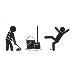 Bundle set illustration black pictogram icon moping floor with bucket, water and broom template icon for safety sign cleaning in progress, janitor, slippery when wet, caution wet floor, fall hazard