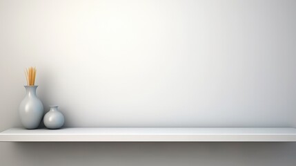 Poster - Minimalistic background for product presentation, White empty shelf on a light gray wall.