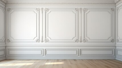Aufkleber - White wall with classic style mouldings and wooden floor.