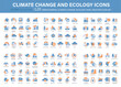 Climate change, ecology, green energy, park and weather 120 icon set. Containing global warming, renewable energy, greenhouse, melting ice, earth pollution, outdoor activity. Flat vector illustration