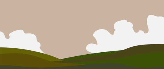 Wall Mural - minimal vector abstract landscape with clouds. mountain background in green colors. vector design fo