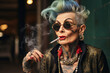 smiling old tattooed fashion woman with bold hair smoking a cigarette.