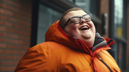 A man with Down syndrome in an orange coat and glasses is laughing. AI