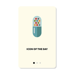 Poster - Advertising of green capsule flat icon. Vertical sign or vector illustration of pill, painkiller or drug. Medicine, medication, pharmacy, illness concept for web design and apps