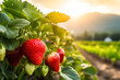 © Zenzeta - close up strawberry in the garden. field of strawberries at sunrise background.