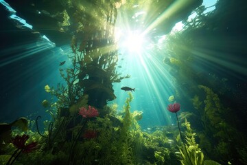 Wall Mural - underwater view of sunlight piercing through plants