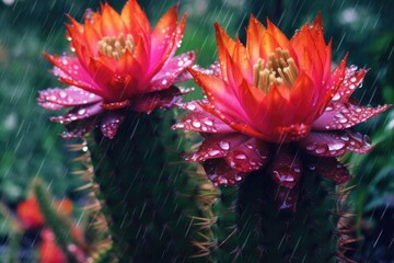 Poster - close-up of cactus flowers in vibrant colors after rain