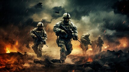 Wall Mural - US soldiers in combat. AI generative.