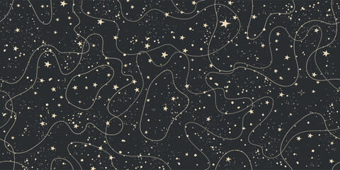 seamless vintage celestial pattern with stars on black sky, astrological background for zodiac signs