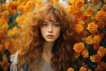 close up portrait of beautiful young woman in autumn park. feminine fall season boho fashion. natura