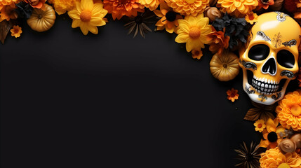 Halloween dark spooky scary background with autumn orange flowers and a smiling skull, day of the dead, space for text