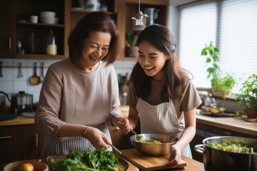 mother and her teenage daughter are happily cooking together. .