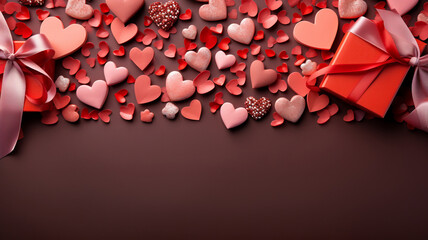 Wall Mural - Valentine's Day red background with red hearts and pink hearts paper with gift box top view lay flat. .