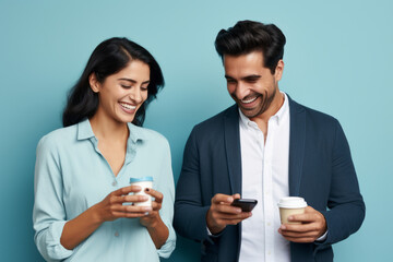 woman and man with phone on blue background . .