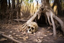 Bone Buried Near Base Of A Large Tree Trunk