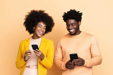 Canvas Print - black woman and black man with phone on yellow background. .