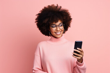 Wall Mural - Black woman with phone on studio background . .