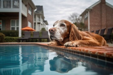 Canvas Print - poolside view of dog resting on a wet deck