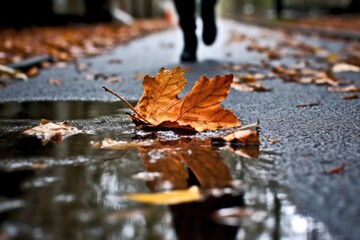 Poster - foot stepping on a wet leaf in a puddle