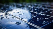 A Drops Of Water Are Seen On A Solar Panel, Depicted In Detail With Sparkling Reflections.
