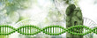 image of a DNA chain and ancient cult sculptures on a green blurred background with stylized DNA chains and chaotically arranged mathematical formulas