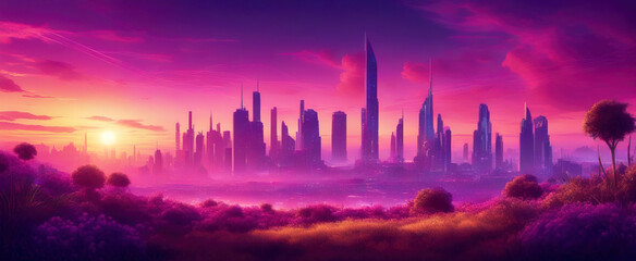 Wall Mural - A wide angle shot from a flower meadow of a futuristic city in a purple haze against the background of a sunset sky. Fantasy illustration in cyberpunk style.
