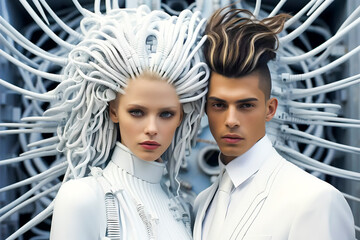 Poster - Young man and woman in futuristic hairstyle and costume together as romantic couple