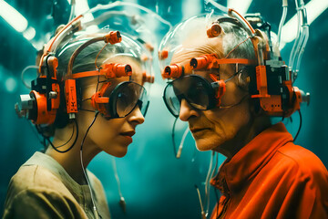 Poster - A young woman and an old man with the technology of the future attached to her head. The concept of attitude and communication between people of different generations