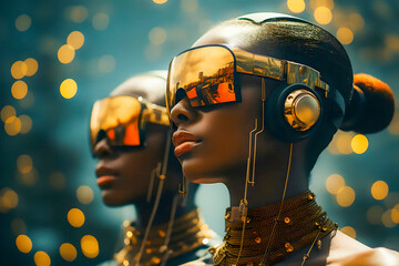 Poster - Two young black model women together as a couple wearing glasses and jewelry of the future