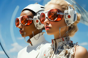 Poster - Two girls in special clothes of the future, glasses and helmets as a couple stand together and the blue sky