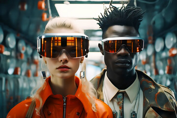 Poster - A black man and a woman as a couple from the future stand in dark goggles in a spaceship in space