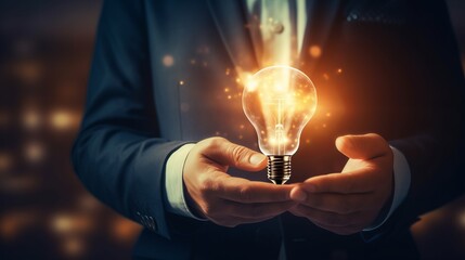 Fototapete - Businessman is holding light bulb. Beautiful illustration picture. Generative AI
