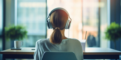 Rear view of woman in headphones sitting on chair near window and looking sunset, Female relaxing listenning music at home, generative ai