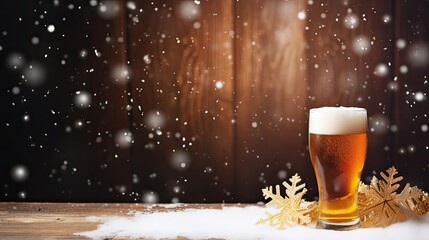 A glass of light beer on a snowy table with a wooden background. New Year banner mockup with empty space for product placement or promotional text.