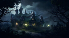 A Crooked Cottage, Nestled In A Dark Forest, Emits An Inviting Glow. A Witch's Silhouette Moves Past Windows, And Bubbling Cauldrons Emit Wisps Of Mysterious Smoke.
