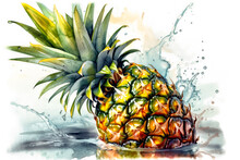 An Illustration Of A Ripe Pineapple In Water With Drops. Created With Generative AI.