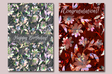 Wall Mural - Set of greeting cards. Birthday card! Happy birthday! Congratulations! Floral flyers. Delicate print for a greeting card