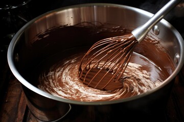 whisking hot chocolate mixture in a saucepan