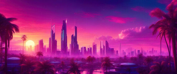 Wall Mural - A wide-angle shot of a futuristic city panorama in a purple haze against a sunset sky. Fantasy illustration in cyberpunk style. Futuristic city scene in a style of sci-fi art. 80's wallpaper.