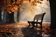 Abandoned Wooden Bench In A Park Covered With Autumn Leaves - Time's Passage - AI Generated