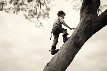 A child climbing a tree and looking out at the view around.  