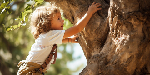 Wall Mural - A child climbing a tree and looking out at the view around.  