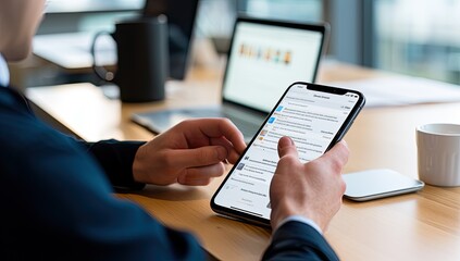 businessman using smartphone with app on screen in office