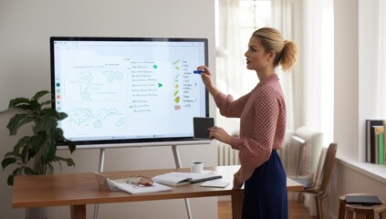 Canvas Print - Young businesswoman making notes on whiteboard at office. Businesswoman working on computer.