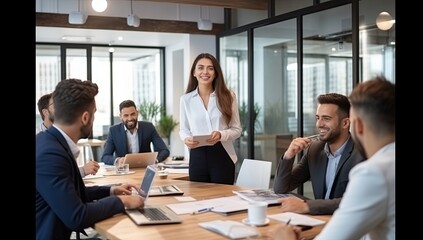 Smiling young businesswoman in formal wear looking at camera during meeting with diverse colleagues in modern office. Multiracial businesspeople working together. Teamwork concept