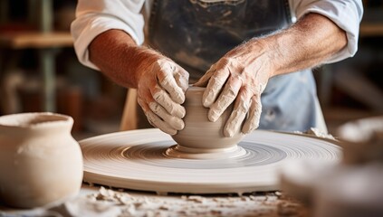 Hands of a potter making a vase on a pottery wheel