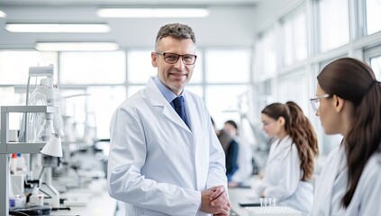 Portrait of confident mature male scientist in white coat and eyeglasses standing with crossed arms in modern laboratory