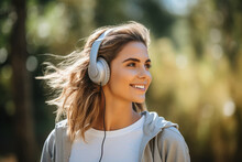 Caucasian Sports Woman Listening To Music On Headphones Outdoors